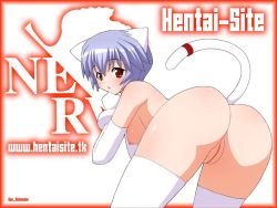 Rule 34 | 1girl, :o, animal ears, ass, ayanami rei, bent over, blue hair, blush, body blush, border, breasts, cat ears, cat tail, elbow gloves, embarrassed, foreshortening, from behind, gloves, grimrock! mix edition, hair between eyes, hanging breasts, head rest, large breasts, looking at viewer, looking back, neon genesis evangelion, nerv, nipples, nude, open mouth, puffy nipples, pussy, red eyes, shishimaru ken&#039;ya, short hair, simple background, solo, surprised, tail, thighhighs, thighs, uncensored, watermark, white background, white thighhighs