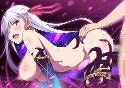 Rule 34 | 1boy, 1girl, all fours, armlet, ass grab, blush, breasts, censored, collar, doggystyle, earrings, fate/grand order, fate (series), grabbing another&#039;s ass, hair ribbon, hanging breasts, hara (harayutaka), hetero, highres, jewelry, kama (fate), kama (third ascension) (fate), large breasts, long hair, metal collar, mosaic censoring, nipples, penis, petals, red eyes, ribbon, sex, sex from behind, silver hair, smile, solo focus, sweat, thighlet, thighs, vaginal