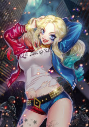Rule 34 | 1girl, batman (series), belt, blonde hair, blue eyes, blue hair, breasts, dc comics, dccu, harlequin (pattern), harley quinn, jacket, lipstick, long hair, makeup, midriff, multicolored hair, naughty face, red hair, sequins, smile, solo, studded belt, suicide squad, tattoo, tongue, torn clothes, twintails