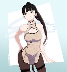 Rule 34 | 1girl, :3, absurdres, artist name, bare arms, bare shoulders, black hair, blue background, blunt bangs, breasts, brown eyes, china dress, chinese clothes, dress, eve (stellar blade), hand on own hip, highres, kisorayu, large breasts, long hair, looking at viewer, moutan peony (stellar blade), official alternate costume, pantyhose, ponytail, print dress, simple background, smile, solo, standing, stellar blade, very long hair