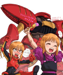 Rule 34 | 2girls, amania orz, angry, black dress, blouse, blush, clenched hands, dress, elpeo puru, gloves, gundam, gundam zz, highres, mecha, mobile suit, multiple girls, open mouth, orange hair, pilot suit, purple shirt, puru two, qubeley mk ii, red eyes, red gloves, robot, science fiction, shirt, short hair with long locks, translation request, v-shaped eyebrows