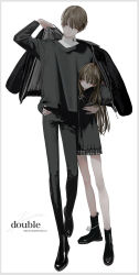 Rule 34 | 1boy, 1girl, absurdres, age difference, anklet, arm around waist, bad id, bad twitter id, black footwear, black jacket, black pants, black sweater, blush, boots, brother and sister, brown eyes, brown hair, fanbox username, full body, hand on another&#039;s waist, highres, honjou ruri, honnryou hanaru, jacket, jewelry, long hair, open clothes, open jacket, original, pants, siblings, simple background, skirt, sweater, white background