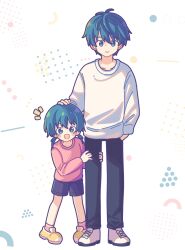 Rule 34 | 1boy, 1girl, :d, absurdres, antenna hair, black pants, black shorts, blue eyes, blue hair, blush stickers, brother and sister, child, closed mouth, father and daughter, hair between eyes, hand on another&#039;s head, highres, idoly pride, kabotd, long sleeves, looking at viewer, low twintails, notice lines, okuyama sumire, open mouth, pants, pink shirt, raised eyebrows, shirt, shoes, short hair, shorts, siblings, sidelocks, simple background, smile, sneakers, straight-on, teeth, twintails, upper teeth only, white background, white footwear, white shirt, yellow footwear
