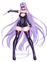 Rule 34 | 1girl, black footwear, black thighhighs, blindfold, boots, breasts, center opening, cleavage, cleavage cutout, clothing cutout, collar, dress, elbow gloves, fate/stay night, fate (series), female focus, full body, gloves, large breasts, legs, long hair, long legs, medusa (fate), medusa (rider) (fate), nameless dagger (fate), purple hair, rindou (radical dream), shiny clothes, short dress, simple background, sleeveless, solo, standing, thigh boots, thighhighs, thighs, very long hair, white background, zettai ryouiki