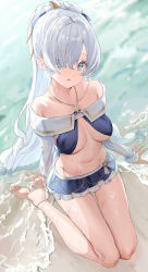 Rule 34 | 00nanona, 1girl, absurdres, anastasia (fate), anastasia (swimsuit archer) (fate), anastasia (swimsuit archer) (third ascension) (fate), bare shoulders, beach, bikini, blue bikini, blue eyes, blue skirt, blush, bow, breasts, cleavage, collarbone, fate/grand order, fate (series), hair bow, hair over one eye, highres, jewelry, large breasts, long hair, long sleeves, looking at viewer, miniskirt, navel, necklace, ponytail, puffy long sleeves, puffy sleeves, seiza, shore, silver hair, sitting, skirt, solo, swimsuit, very long hair