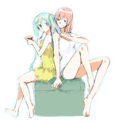 Rule 34 | 2girls, :q, aqua eyes, aqua hair, arm support, artist name, back-to-back, barefoot, blue eyes, eating, food, full body, hatsune miku, ice cream, long hair, megurine luka, multiple girls, pink hair, popsicle, sekihara umina, simple background, sitting, sketch, smile, tongue, tongue out, twintails, vocaloid, white background