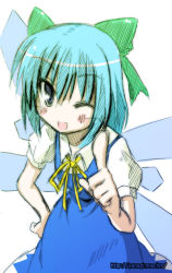 Rule 34 | 1girl, bow, cirno, face, female focus, one eye closed, ryuuryuu, shoot the bullet, solo, touhou, wink
