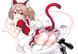 Rule 34 | 1girl, alternate costume, animal ears, apron, brown hair, cat ears, cat tail, commentary request, fake animal ears, fang, frills, kantai collection, kirigakure (kirigakure tantei jimusho), long hair, looking at viewer, maid, panties, puffy short sleeves, puffy sleeves, ryuujou (kancolle), short sleeves, skin fang, solo, striped clothes, striped panties, tail, thighhighs, twintails, underwear, white background, white thighhighs, yellow eyes