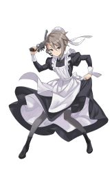 Rule 34 | 1girl, ange (princess principal), black footwear, black thighhighs, blue eyes, boots, braid, frown, full body, gun, handgun, hat, highres, maid, princess principal, princess principal game of mission, revolver, silver hair, skirt hold, solo, standing, thighhighs, transparent background, weapon, white hat