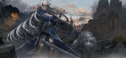 Rule 34 | 1girl, absurdres, ahoge, armor, armored boots, battlefield, belt, blue capelet, blunt bangs, boots, breasts, capelet, castle, cleavage, cloud, commentary, dark souls (series), debris, eine lotta, english commentary, forest, grey hair, highres, holding, holding shield, holding sword, holding weapon, indie virtual youtuber, large breasts, long hair, looking to the side, nature, ph., red eyes, scabbard, second-party source, serious, sheath, shield, sidelocks, solo, sword, thigh strap, very long hair, virtual youtuber, weapon, wolf