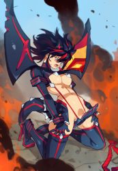 Rule 34 | 1girl, adapted costume, bad id, bad twitter id, between legs, black hair, blue eyes, blush, boots, breasts, commentary, crotch rub, destruction, english commentary, female masturbation, full body, hairpods, high heel boots, high heels, kill la kill, masturbation, matoi ryuuko, medium breasts, navel, nose blush, open mouth, optionaltypo, pasties, prehensile tail, pussy juice, red hair, scissor blade (kill la kill), senketsu, sideways mouth, skindentation, solo, suspenders, tail, tail between legs, tail masturbation, thigh boots, thighhighs, underboob