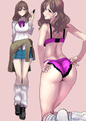 Rule 34 | 1girl, adjusting clothes, adjusting panties, ass, back, black footwear, blouse, blue eyes, blue skirt, blush, bow, bowtie, bra, brown hair, cellphone, clash kuro neko, closed mouth, clothes around waist, commentary request, dress shirt, earrings, from behind, half-closed eyes, highres, holding, holding phone, jewelry, kneeling, loafers, long sleeves, looking at viewer, looking back, loose socks, medium hair, miniskirt, multiple views, original, panties, partial commentary, phone, pink background, plaid, plaid skirt, pleated skirt, purple bow, purple bowtie, purple bra, purple panties, shirt, shoes, simple background, sketch, skirt, smartphone, smile, socks, standing, sweater, sweater around waist, underwear, underwear only, wavy hair, wedgie, white shirt, white socks, wing collar