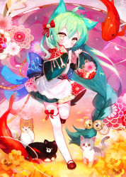 Rule 34 | 1girl, ahoge, akashi (azur lane), animal ears, apron, azur lane, bell, black footwear, blush, bow, braid, cat, cat ears, fish, floral print, goldfish, green hair, green kimono, hair bell, hair between eyes, hair bow, hair ornament, hands up, highres, japanese clothes, jingle bell, juexing (moemoe3345), kimono, long hair, looking at viewer, mary janes, over-kneehighs, parted lips, red bow, shoes, sidelocks, single braid, solo, standing, standing on one leg, thighhighs, very long hair, white thighhighs, wide sleeves