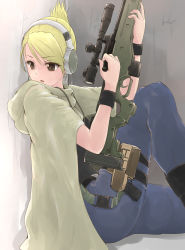 Rule 34 | 1girl, absurdres, ai arctic warfare, armband, black footwear, blonde hair, bolt action, boots, brown eyes, cloak, denim, folded ponytail, fullmetal alchemist, gun, headphones, highres, holster, jeans, military, mizukuso, pants, rifle, riza hawkeye, scope, sitting, sniper rifle, solo, thigh holster, wall, weapon, weapon request