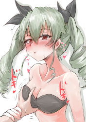 Rule 34 | 1boy, 1girl, absurdres, anchovy (girls und panzer), bikini, black bikini, blush, breasts, girls und panzer, grabbing, grabbing another&#039;s breast, green hair, hair ribbon, hetero, highres, large breasts, long hair, misoperopero, open mouth, red eyes, ribbon, simple background, strapless, strapless bikini, swimsuit, twintails, upper body, white background