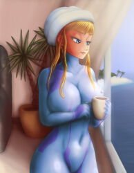 Rule 34 | 1girl, alternate breast size, beach house, blonde hair, blue eyes, blue suit, bodysuit, breasts, coffee cup, cup, disposable cup, formal, grabbing, grabbing from behind, grabbing object, half-closed eyes, head tuft, home, huge breasts, indoors, looking at viewer, looking inside, metroid, morning, nintendo, palm tree, pink lips, plant, saf-404, samus aran, suit, tree, upper body, video game character, zero suit