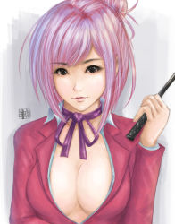 Rule 34 | 10s, 1girl, absurdres, breasts, brown eyes, cleavage, collared shirt, commentary, hair bun, highres, large breasts, lips, looking at viewer, neck ribbon, open clothes, parted lips, pink hair, prison school, ribbon, school uniform, shiraki meiko, shirt, single hair bun, solo, sweetsoupman, upper body, whip