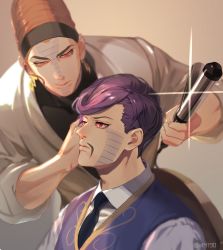 Rule 34 | 2boys, black necktie, brothers, brown eyes, brown hair, closed mouth, coat, collared shirt, daniel j. d&#039;arby, earrings, facial hair, highres, holding, jewelry, jojo no kimyou na bouken, male focus, multiple boys, mustache, necktie, purple hair, purple vest, red eyes, shirt, short hair, siblings, stardust crusaders, terence t. d&#039;arby, vest, white coat, white shirt, zouhyou (at4190)