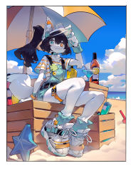 Rule 34 | 1girl, absurdres, animal ear fluff, animal ears, animal hands, aqua choker, aqua footwear, aqua socks, aqua wristband, arm support, badge, beach, beach umbrella, belt, black belt, black hair, blue eyes, border, bracelet, button badge, closed mouth, cloud, cloudy sky, clover, cocktail glass, commentary, crate, crop top, cup, day, drinking glass, flipped hair, four-leaf clover, fox ears, fox tail, full body, furry, furry female, glass bottle, hair between eyes, hand up, heterochromia, highres, jewelry, long hair, looking at viewer, multicolored footwear, ocean, orange eyes, orange footwear, orange shirt, original, outdoors, overalls, ponytail, sand, shiiorina, shirt, shoes, short sleeves, sidelocks, sitting, sky, smile, sneakers, socks, solo, straight hair, striped clothes, striped shirt, symbol-only commentary, tail, thigh strap, two-tone shirt, umbrella, visor cap, white border, white footwear, white fur, white shirt, wristband