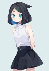 Rule 34 | 1girl, aqua eyes, bare arms, black hair, black skirt, blush, closed mouth, collared shirt, commentary request, cowboy shot, cowlick, creatures (company), eyelashes, game freak, grey background, hair ornament, hairclip, highres, liko (pokemon), looking at viewer, nintendo, pleated skirt, pokemon, pokemon (anime), pokemon horizons, shirt, skirt, sleeveless, sleeveless shirt, smile, solo, ukocome, white shirt