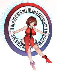 Rule 34 | 1girl, absurdres, alternate breast size, aoshima, bare shoulders, between breasts, breasts, brown eyes, brown hair, commentary request, dress, full body, gloves, grin, high heels, highres, instrument, keyboard (instrument), large breasts, looking to the side, lyrica prismriver, necktie, necktie between breasts, red dress, red footwear, short hair, simple background, skirt, sleeveless, sleeveless dress, smile, solo, standing, touhou, white background