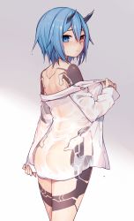 Rule 34 | 1girl, ass, back, bad id, bad pixiv id, bare shoulders, blue eyes, blue hair, blush, commentary request, dress shirt, expressionless, from behind, grey background, hair between eyes, heterochromia, highres, horns, io (pso2), looking at viewer, looking back, matching hair/eyes, muryotaro, naked shirt, off shoulder, phantasy star, phantasy star online 2, see-through, shirt, short hair, simple background, solo, tattoo, water drop, wet, wet clothes, wet shirt, yellow eyes