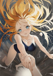 Rule 34 | 1girl, absurdres, ajiro shinpei, bare arms, bare legs, bare shoulders, barefoot, blonde hair, blue eyes, blue one-piece swimsuit, breasts, cleavage, collarbone, competition school swimsuit, explosion, floating hair, forehead, hair behind ear, highres, holding hands, iamc95, jewelry, kofune ushio, light blush, long hair, looking at viewer, medium breasts, necklace, one-piece swimsuit, open mouth, pov, reaching, reaching towards viewer, school swimsuit, seashell, shell, shell necklace, summertime render, swimsuit, tearing up, very long hair