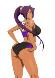 Rule 34 | 1girl, ass, back, bare arms, bare legs, bare shoulders, bleach, breasts, buruma, cowboy shot, curvy, dark-skinned female, dark skin, female focus, from behind, game cg, highres, large breasts, legs, lime (purple haze), long hair, looking back, midriff, parted lips, ponytail, purple hair, shihouin yoruichi, sideboob, simple background, sleeveless, smile, solo, sports bra, standing, thighs, track and field, track uniform, white background, yellow eyes