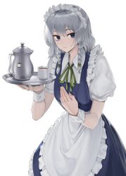 Rule 34 | 1girl, absurdres, apron, biting, blue dress, blue eyes, braided sidelock, breasts, cup, dress, frilled apron, frills, goback, grey hair, highres, holding, holding tray, izayoi sakuya, looking at viewer, maid, maid headdress, medium breasts, neck biting, pinafore dress, puffy short sleeves, puffy sleeves, shirt, short sleeves, simple background, sleeveless, sleeveless dress, solo, teacup, teapot, touhou, tray, waist apron, white apron, white shirt, wrist cuffs