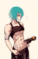 1girl abs absurdres bare_shoulders belly_press blue_eyes blue_hair blush breasts closed_mouth collarbone crop_top eyepatch highres injury medium_breasts navel rnna sei_asagiri short_hair simple_background smile solo tomboy underboob va-11_hall-a