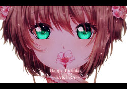Rule 34 | 1990s (style), 1girl, 2016, brown hair, cardcaptor sakura, character name, dated, flower, green eyes, hair between eyes, hair flower, hair ornament, happy birthday, holding, holding flower, kinomoto sakura, letterboxed, looking at viewer, pink flower, portrait, retro artstyle, short hair, signature, simple background, solo, symbol-shaped pupils, white background, yvonne (a715042007)