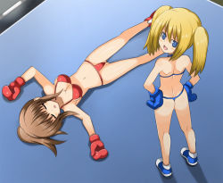 Rule 34 | 2girls, ass, bikini, blonde hair, blue eyes, boxing, boxing gloves, breasts, brown hair, cleavage, defeat, fang, large breasts, multiple girls, ponytail, shamanwer, swimsuit, thong, twintails, unconscious