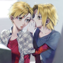 Rule 34 | 2boys, alphonse elric, arms at sides, backlighting, black shirt, blonde hair, blurry, blurry background, brothers, collarbone, covered mouth, cupping hand, depth of field, edward elric, expressionless, fingernails, fullmetal alchemist, grey background, grey shirt, hand up, head tilt, layered sleeves, long sleeves, looking afar, looking at another, looking to the side, lower teeth only, male focus, multiple boys, noako, open clothes, open shirt, parted lips, plaid, plaid shirt, profile, red shirt, shirt, short over long sleeves, short sleeves, siblings, side-by-side, sidelighting, simple background, swept bangs, teeth, undershirt, upper body, whispering, yellow eyes
