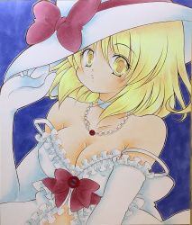 Rule 34 | :o, babydoll, back bow, blonde hair, bow, breasts, camisole, chemise, cleavage, commentary request, elbow gloves, frills, gloves, hat, hat bow, highres, jewelry, kana anaberal, kazra, lingerie, marker (medium), midriff, neck ribbon, necklace, open mouth, pearl necklace, red bow, ribbon, shikishi, short hair, spaghetti strap, sun hat, touhou, touhou (pc-98), traditional media, underwear, white babydoll, white gloves, white headwear, yellow eyes