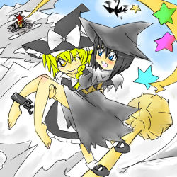 Rule 34 | 2girls, bad id, bad pixiv id, bandages, barefoot, black hair, blonde hair, blue eyes, blush, bow, braid, broom, chain, demon&#039;s souls, dragon, dress, explosion, female focus, from software, hat, kirisame marisa, multiple girls, one eye closed, short hair, touhou, wink, witch, witch hat, yellow eyes, yuria the witch