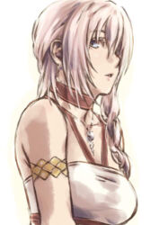 Rule 34 | 1girl, blue eyes, breasts, choker, collarbone, final fantasy, final fantasy xiii, final fantasy xiii-2, jewelry, long hair, looking at viewer, lowres, medium breasts, necklace, pink hair, serah farron, side ponytail, simple background, sleeveless, solo, white background