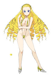 Rule 34 | 1girl, black choker, blonde hair, blue eyes, blush, choker, color guide, contrapposto, drill hair, forehead, full body, hairband, hand up, high heels, monster hunter (series), navel, ohta yuichi, one-piece swimsuit, personification, royal ludroth, simple background, slingshot swimsuit, smile, solo, standing, swimsuit, white background, yellow footwear, yellow one-piece swimsuit, yellow slingshot swimsuit