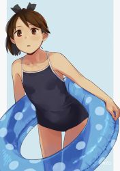 Rule 34 | 1girl, :o, brown eyes, brown hair, competition school swimsuit, hair ribbon, holding, holding swim ring, innertube, kantai collection, makio (makiomeigenbot), one-piece swimsuit, open mouth, polka dot, ponytail, ribbon, school swimsuit, shikinami (kancolle), signature, simple background, solo, swim ring, swimsuit, two-tone background