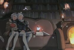 Rule 34 | 1boy, 1girl, ahoge, alisaie leveilleur, alphinaud leveilleur, armor, blanket, blue shirt, book, book on lap, book stack, bookshelf, boots, brother and sister, bug, candle, closed eyes, commentary, couch, crossed arms, crystal, earrings, elezen, elf, english commentary, feet out of frame, final fantasy, final fantasy xiv, fire, fireplace, fringe trim, from below, fur-trimmed shrug, fur trim, hair over one eye, hair ribbon, heads together, highres, holding, holding book, indoors, insect, jewelry, lamp, lliusn, long sleeves, moth, on couch, open book, parted lips, pauldrons, pointy ears, ribbon, shirt, shoulder armor, shrug (clothing), siblings, single earring, single pauldron, sitting, sleeping, thigh boots, twins, white footwear, white hair