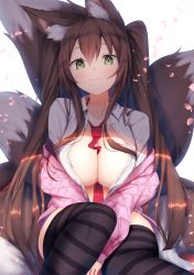 Rule 34 | 1girl, animal ear fluff, animal ears, between breasts, between legs, black thighhighs, breasts, brown hair, cleavage, closed mouth, fangs, fox ears, fox girl, fox tail, green eyes, highres, jacket, kitsune, large breasts, large tail, long hair, looking at viewer, multiple tails, necktie, nidaime (doronbo), no bra, off shoulder, open clothes, open jacket, open shirt, original, pink jacket, plushmallow, shirt, sidelocks, smile, solo, striped clothes, striped thighhighs, tail, thighhighs, twintails, very long hair, white shirt