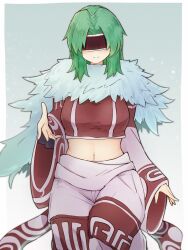 Rule 34 | 1girl, blindfold, blush, breasts, character request, closed mouth, cowboy shot, duel masters, facing viewer, fur collar, green hair, highres, large breasts, long sleeves, medium breasts, navel, outstretched hand, smile, solo, split mouth, standing, wide sleeves, yonaga san
