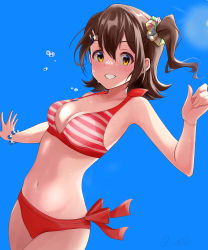Rule 34 | 1girl, absurdres, bare arms, bikini, blue background, blue sky, blush, bracelet, breasts, brown hair, cleavage, collarbone, floating hair, grin, hair between eyes, hair ornament, hair scrunchie, hairclip, highres, idolmaster, idolmaster million live!, jewelry, kasuga mirai, looking at viewer, medium breasts, medium hair, navel, oscar 08, red bikini, scrunchie, side ponytail, signature, sky, smile, solo, standing, star (symbol), star hair ornament, strap slip, striped bikini, striped clothes, swimsuit, yellow eyes