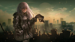 Rule 34 | 1girl, absurdres, bad id, bad pixiv id, brown hair, city, closed mouth, cloud, cloudy sky, cotn7806, destruction, earrings, grey hair, hair between eyes, hand in pocket, highres, holding, jacket, jewelry, long hair, looking at viewer, necklace, open clothes, open jacket, original, outdoors, planet, removing hat, skirt, sky, solo, standing