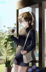 Rule 34 | 1girl, absurdres, bag, bespectacled, black jacket, black shirt, black skirt, blue sky, blurry, blurry background, blush, breasts, brown hair, closed mouth, commentary, cup, day, disposable cup, drinking straw, flower, flower pot, glasses, grass, green eyes, highres, holding, holding cup, holding strap, jacket, long hair, long sleeves, man do, medium breasts, meitantei conan, miniskirt, open clothes, open jacket, outdoors, parted bangs, plant, ponytail, potted plant, purple flower, round eyewear, shadow, shirt, shirt tucked in, shoulder bag, skirt, sky, solo, standing, tooyama kazuha