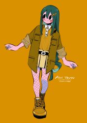 Rule 34 | 1girl, absurdres, alternate costume, anna (aannnaa3), asui tsuyu, belt, black belt, black eyes, blush, boku no hero academia, breast pocket, brown footwear, brown jacket, buttons, character name, checkered clothes, checkered skirt, closed mouth, collared shirt, commentary, copyright name, fishnet legwear, fishnets, full body, green hair, hair between eyes, hair ornament, hair rings, highres, jacket, long hair, looking to the side, low-tied long hair, nail polish, open clothes, open jacket, orange background, orange nails, orange shirt, orange skirt, orange theme, pocket, shirt, shirt tucked in, simple background, skirt, sleeve cuffs, solo, split mouth, standing, striped clothes, striped shirt, symbol-only commentary, vertical-striped clothes, vertical-striped shirt