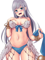 Rule 34 | 1girl, :d, absurdres, armor, bare shoulders, bikini, bikini armor, blue bikini, blue bow, blue eyes, bow, bracelet, breasts, cleavage, collarbone, cowboy shot, fingernails, front-tie bikini top, front-tie top, furrowed brow, grey hair, halterneck, hand on own chest, hand up, heart, highres, jewelry, legs apart, long hair, looking at viewer, medium breasts, mismatched bikini, navel, open mouth, ragnarok online, sail (sail-away), showgirl skirt, simple background, smile, solo, standing, swimsuit, teeth, thighs, upper teeth only, wanderer (ragnarok online), white background, white bikini