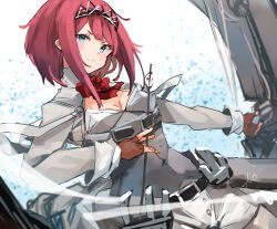 Rule 34 | 1girl, aqua eyes, ark royal (kancolle), arrow (projectile), bob cut, bow (weapon), breasts, brown gloves, compound bow, fingerless gloves, gloves, highres, holding, holding arrow, holding bow (weapon), holding weapon, kantai collection, long sleeves, looking at viewer, red hair, short hair, shorts, signature, simple background, small breasts, smile, solo, sunday aki, tiara, weapon, white shorts