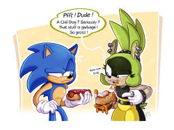 Rule 34 | 1boy, 1girl, black shirt, blue eyes, border, burger, ear piercing, earrings, english text, food, francoisl-artblog, furry, furry female, furry male, gloves, green eyes, hand on own hip, highres, holding, holding food, hot dog, jewelry, open mouth, pants, piercing, pointing, shirt, simple background, sonic (series), sonic the hedgehog, sonic the hedgehog (idw), speech bubble, surge the tenrec, teeth, upper teeth only, white border, white gloves, yellow pants