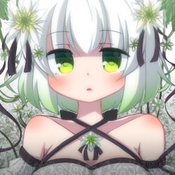 Rule 34 | 1girl, bare shoulders, blush, breasts, cleavage, collarbone, criss-cross halter, flower, green eyes, green flower, hair between eyes, hair flower, hair ornament, halterneck, looking at viewer, medium breasts, original, parted lips, rensei, solo, upper body, white flower, white hair