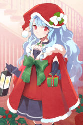 Rule 34 | 1girl, bell, black thighhighs, blue hair, cape, collar, elbow gloves, gift, gloves, hat, holding, holding gift, holly, lantern, linus falco, long hair, lowres, outstretched arm, plaid, red eyes, ribbon, santa costume, santa hat, skirt, smile, solo, stairs, swept bangs, sword girls, thighhighs, wavy hair